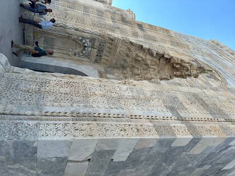 Intricate stone carvings on a building.