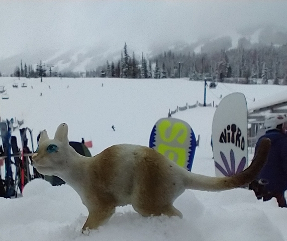 A ceramic cat figure with a snowy mountain backdrop.