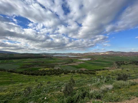 Expansive green valley with partly cloudy sky