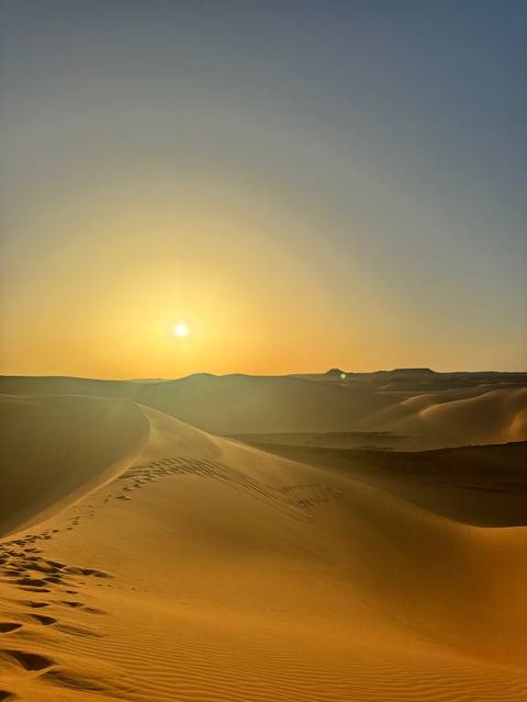 Desert landscape with sand dunes at sunset.