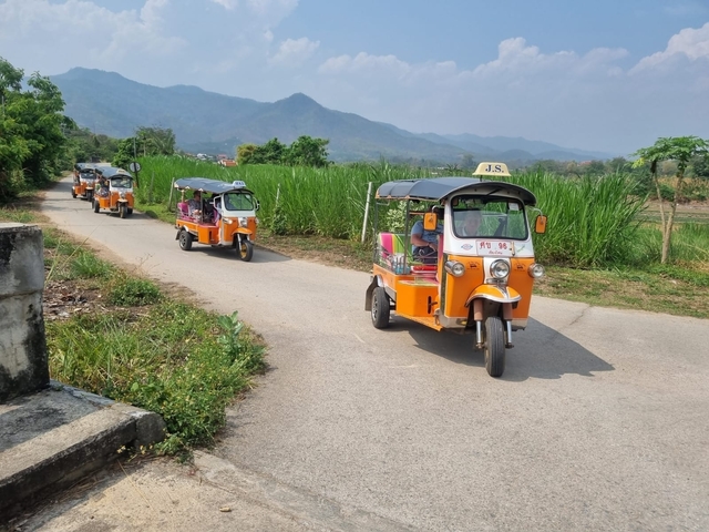 Line of tuk-tuks on a rural road in a scenic setting.