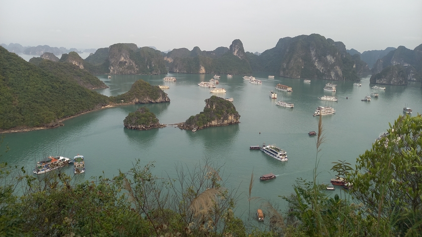 Picturesque view of Halong Bay with numerous boats and karst formations.