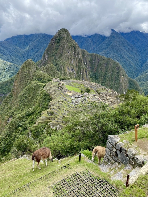 Elevated view of Machu Picchu surrounded by mountains.