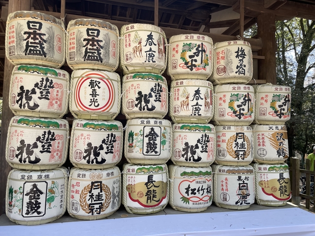 A wall of traditional Japanese sake barrels for decoration.