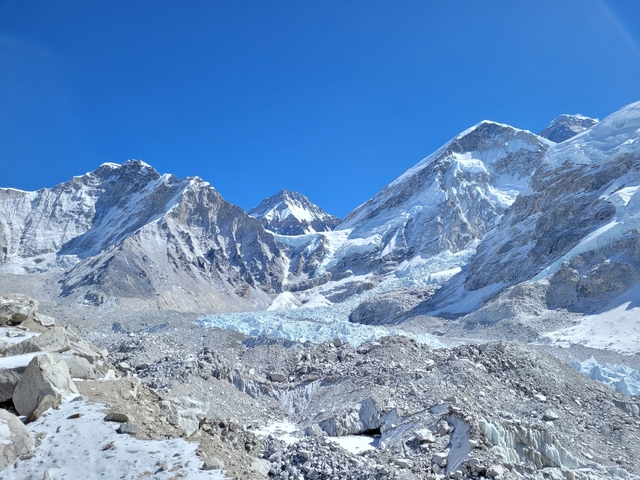 Jagged, snow-covered peaks of the Himalayas.