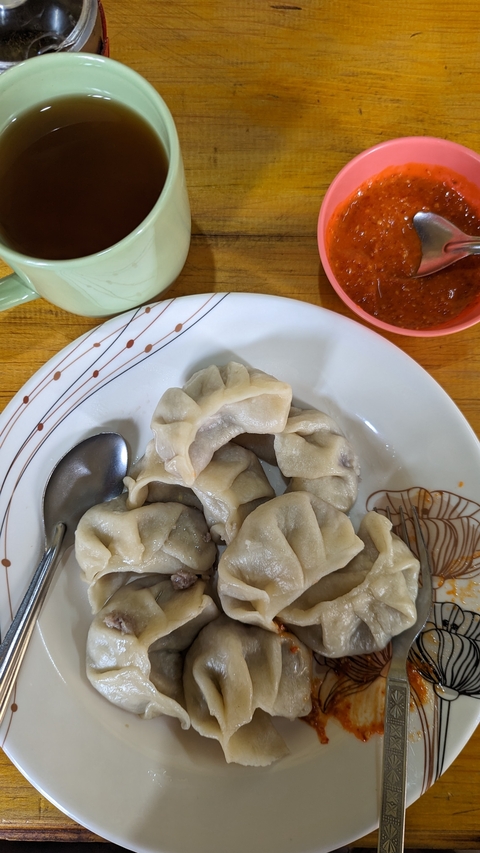 A plate of traditional dumplings with sauce.