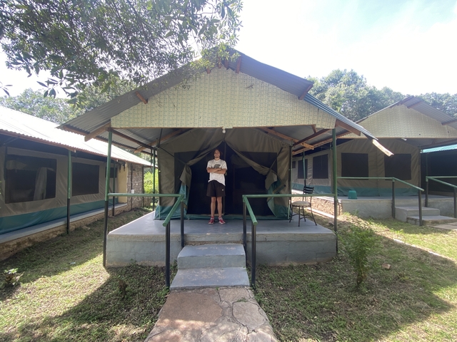Person standing at the entrance of a tented camp.