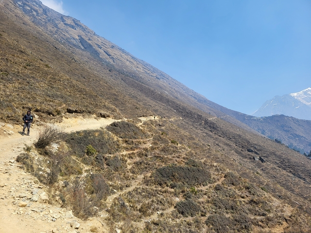 Single hiker walking along a mountain trail.