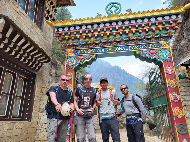 Group of trekkers at the entrance of Sagarmatha National Park.