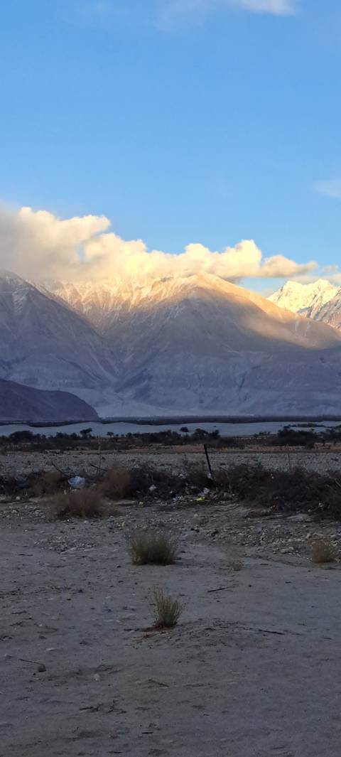 Snow-covered mountains at a distance.