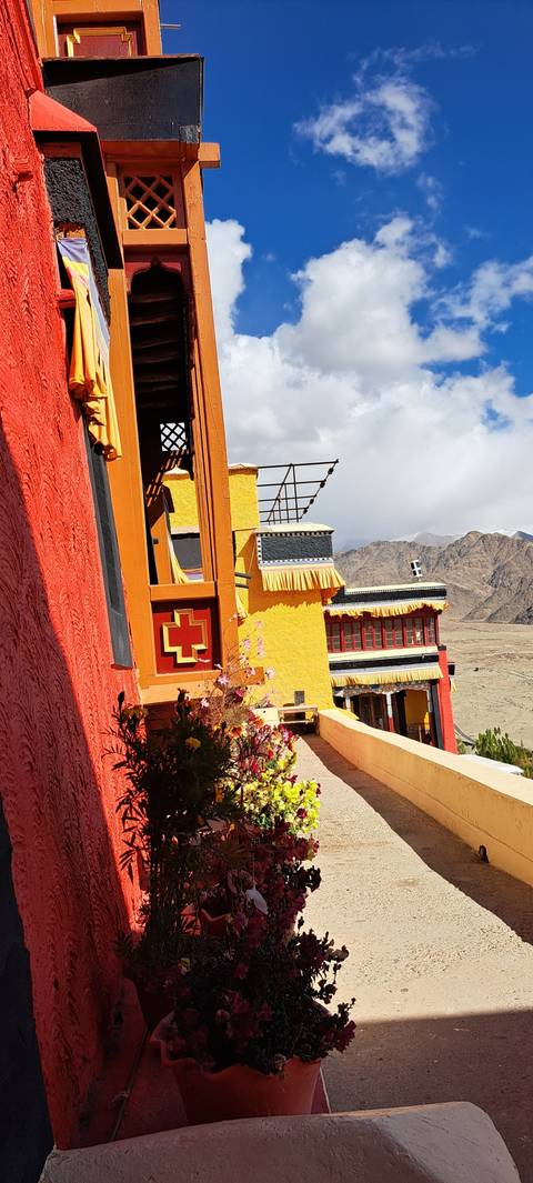 Colorful building facade with floral decorations.