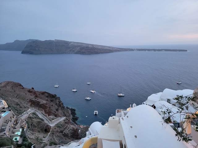Evening view of bay with boats anchored