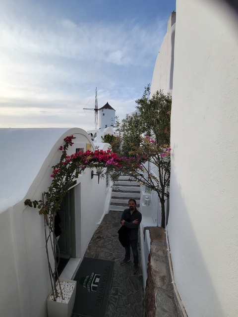 White buildings with a windmill and colorful flowers