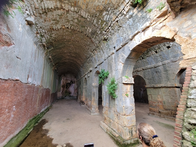 Ancient stone arches and walls with some greenery.