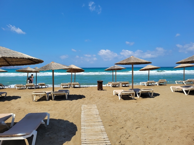 Beach with sun lounges and parasols