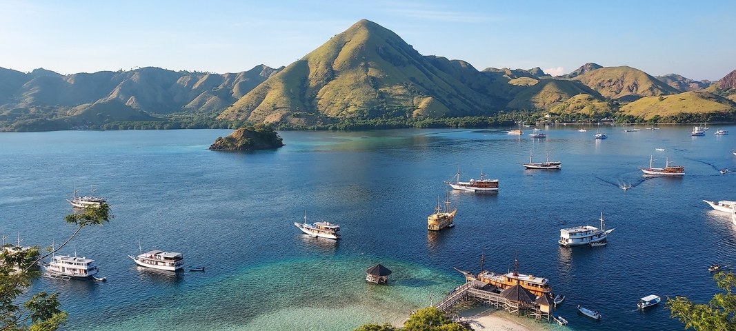 Boats anchored near a lush island.