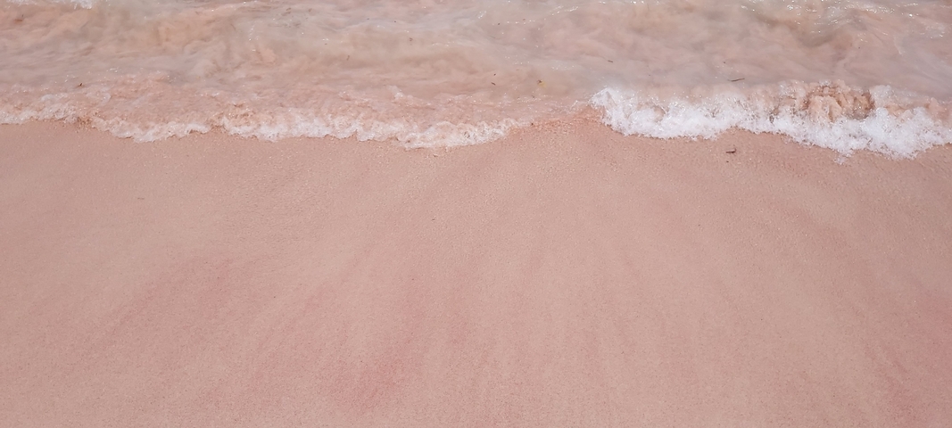 Pink sand beach with gentle waves.
