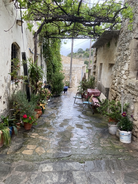 Picturesque alley with flowers and rustic chairs.