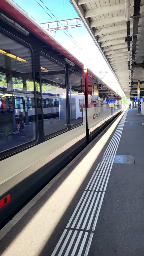 Train station with platforms and passengers.