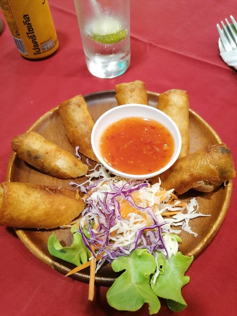 Plate of egg rolls with a dipping sauce and salad.