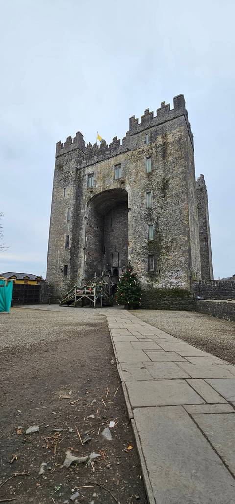 Medieval castle ruin with a stone path leading to it.