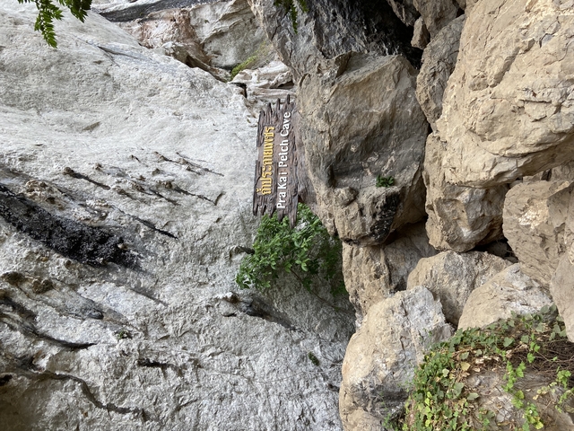 Close-up of a sign on a rocky surface.