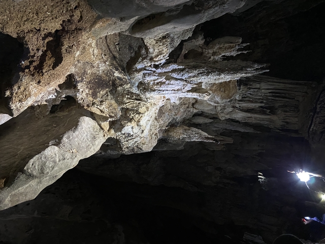 Inside a cave with stalactites and a light source.