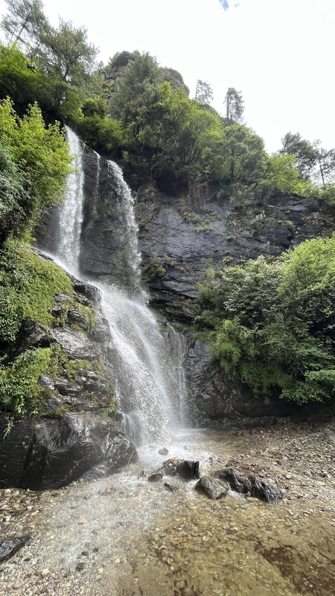 Natural waterfall cascading down a rocky cliff surrounded by greenery.