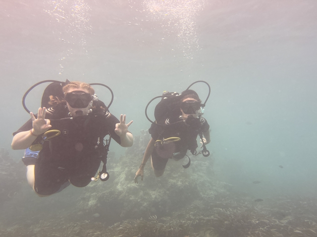 Scuba divers underwater giving an okay sign.