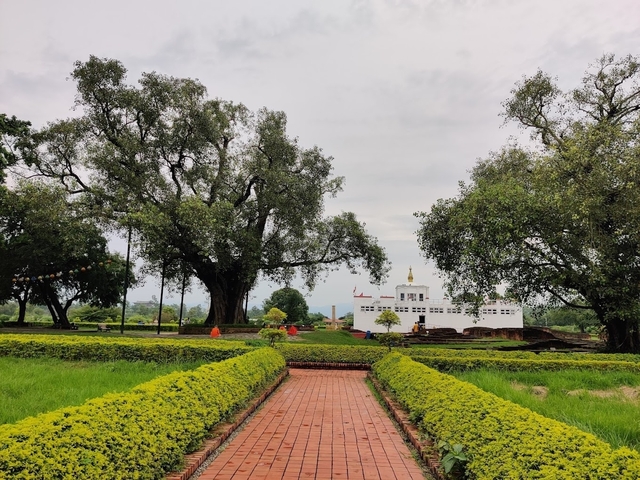 Tranquil garden with view of a white Buddhist stupa.