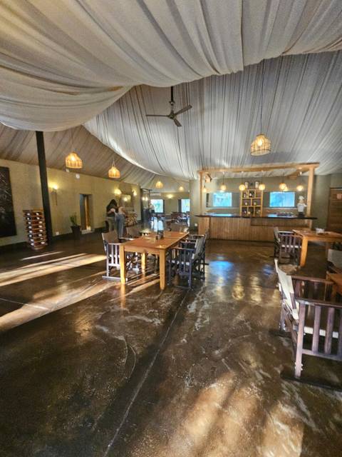 Dining area with wooden interior.