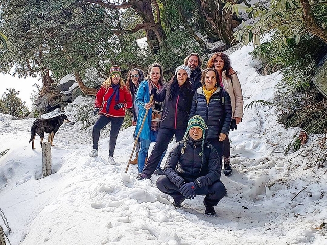 Group of people hiking in snowy terrain.