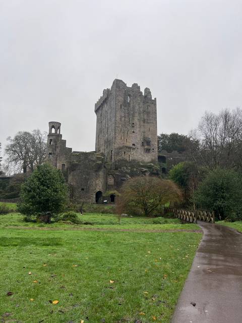 Side view of a medieval castle with lush surroundings.