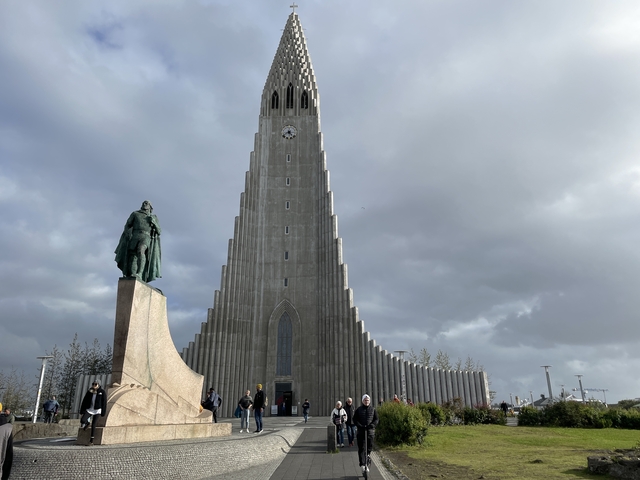 Hallgrimskirkja church and statue in Reykjavik, Iceland.