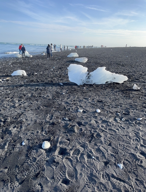 Ice chunks on a black sand beach.