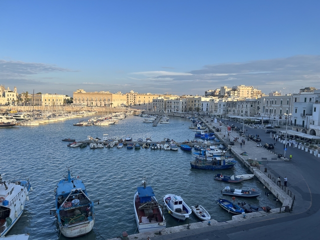 Harbor view with boats and buildings.