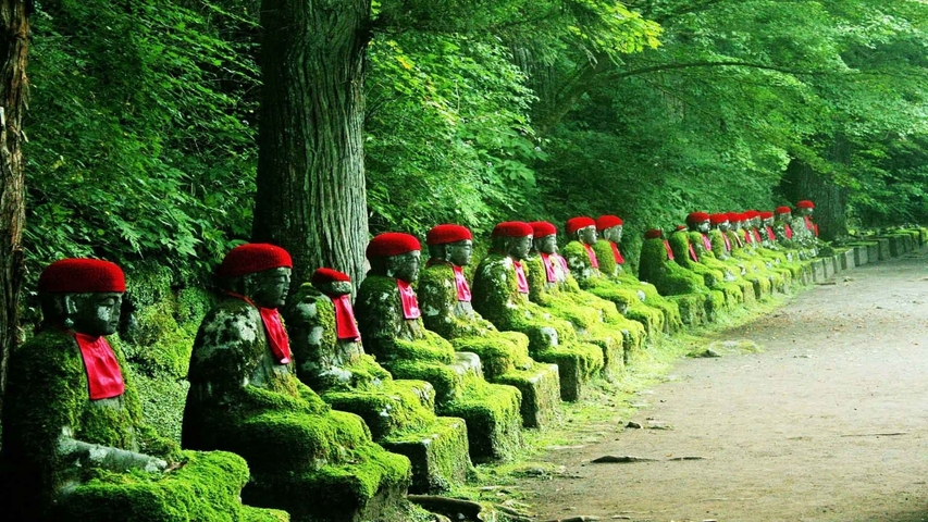 Row of stone figures with red hats in a wooded area.