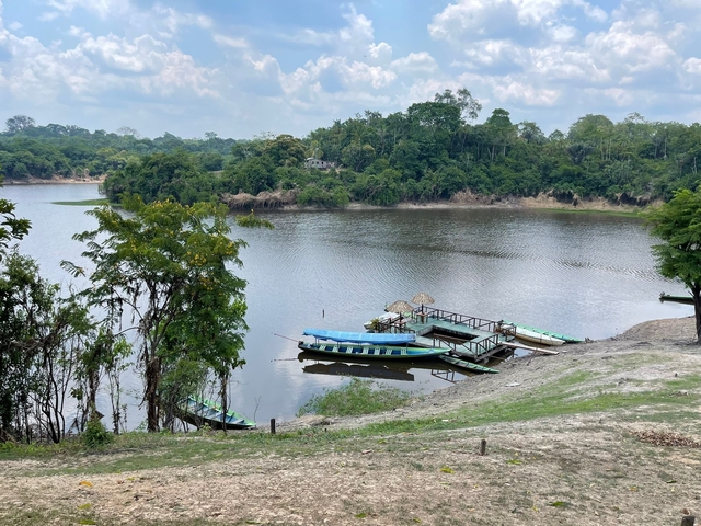 Docked boats on a riverbank surrounded by lush greenery.