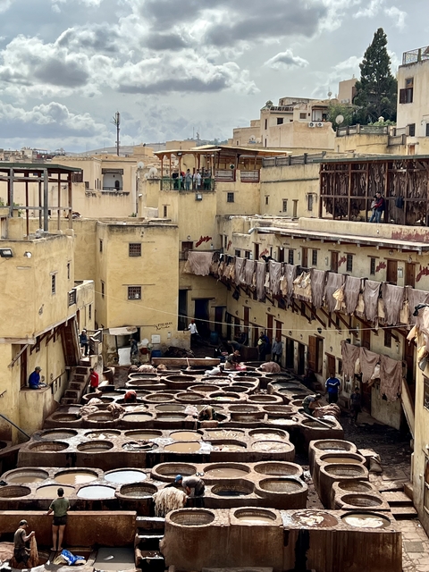 A tannery with workers and leather drying on the walls.