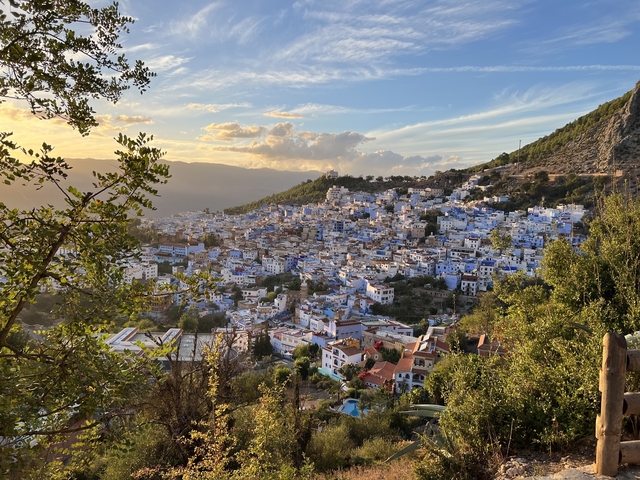 Panoramic view of a city with blue-painted buildings in a valley.