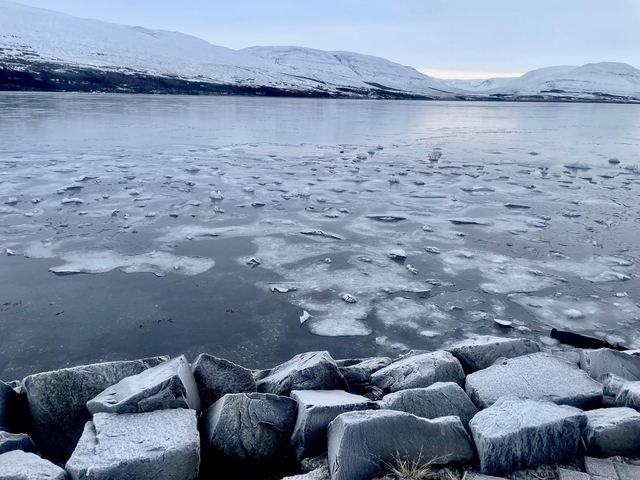 Icy landscape with a partially frozen lake and snowy mountains.