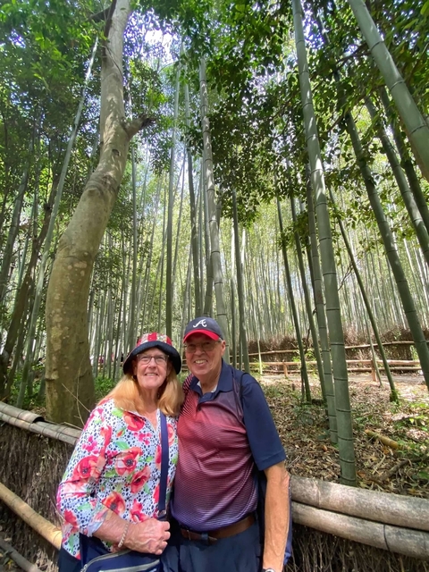 Two people in a bamboo forest.