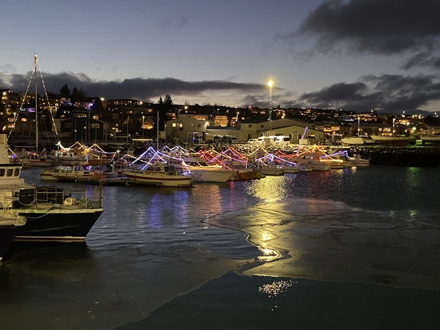 Colorfully lit boats in a harbor at night with town lights in the background.