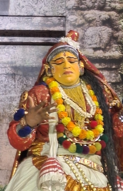 Close-up of a performance artist wearing traditional makeup and costume.