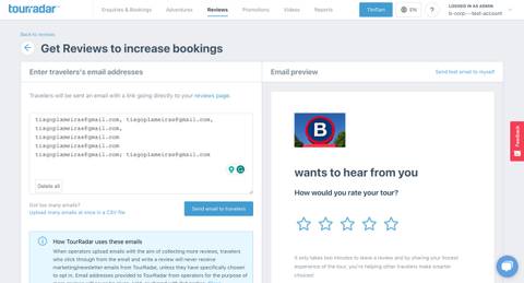 Screenshot of a TourRadar webpage detailing review collection.