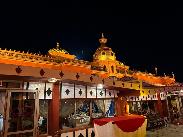 Elaborately lit building at nighttime, possibly a cultural venue.
