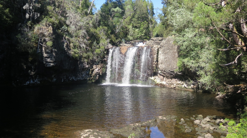 Waterfall cascading into a natural pool surrounded by trees.