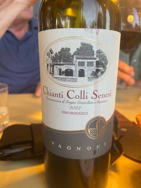 Close-up of a wine bottle label focusing on Chianti Colli Senesi.