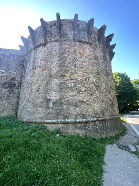 Large round brick structure engulfed in greenery.