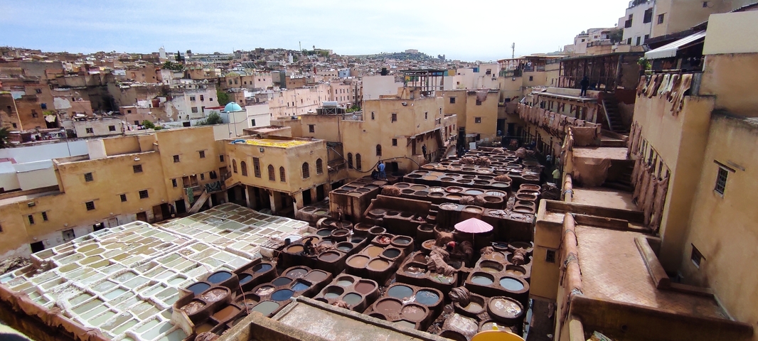 Panoramic view of traditional tanneries with many pits.